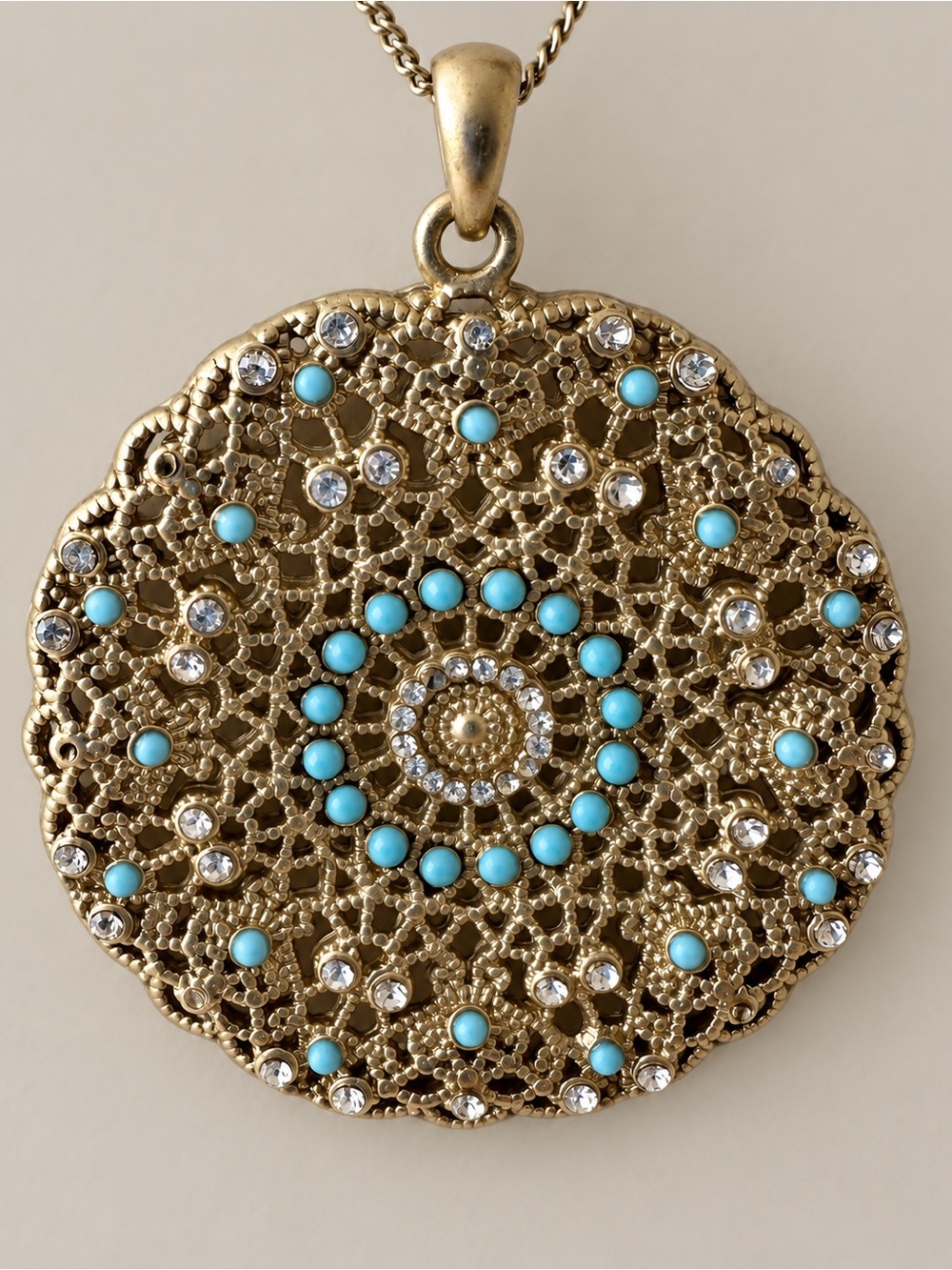Gold Tone Filigree Medallion Necklace with Turquoise-Blue Accents